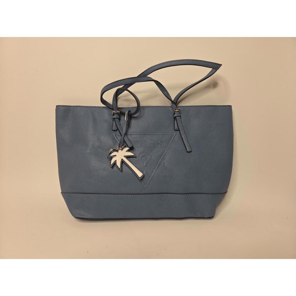Guess Denim Color Zip Up Fashion Tote Bag W/ Palm Tree Charm NWT